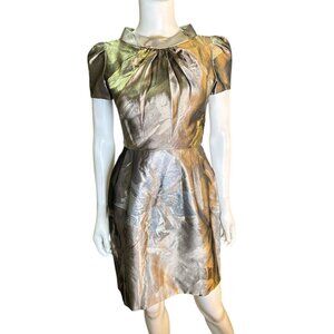 Teri Jon Rickie Freeman Metallic Brocade Dress 2 Silk Blend Pleated Neck EUC
